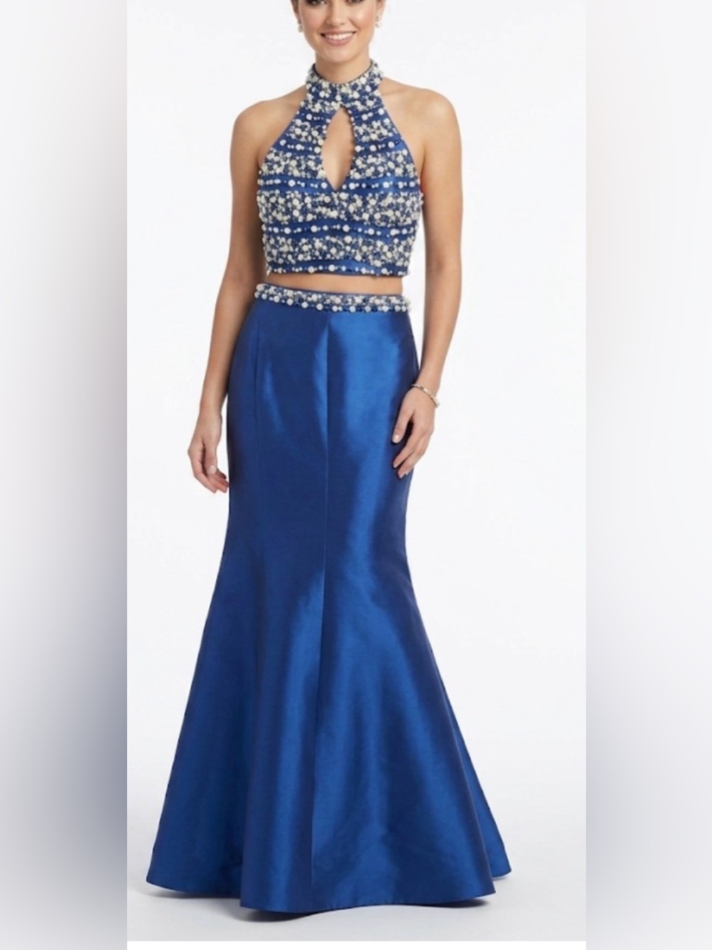 NWT Blush Prom Royal Blue 2 Piece Pearl Beaded Halter Mermaid Dress Formal 12